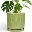 Ceramic Pot for Plants - 10 Inch Indoor Plant Pots with Drainage Holes and Saucer, Boho Round Planter Outdoor, Decorative Large Planter for Flower, Living Room Decor, Garden Gifts, Green