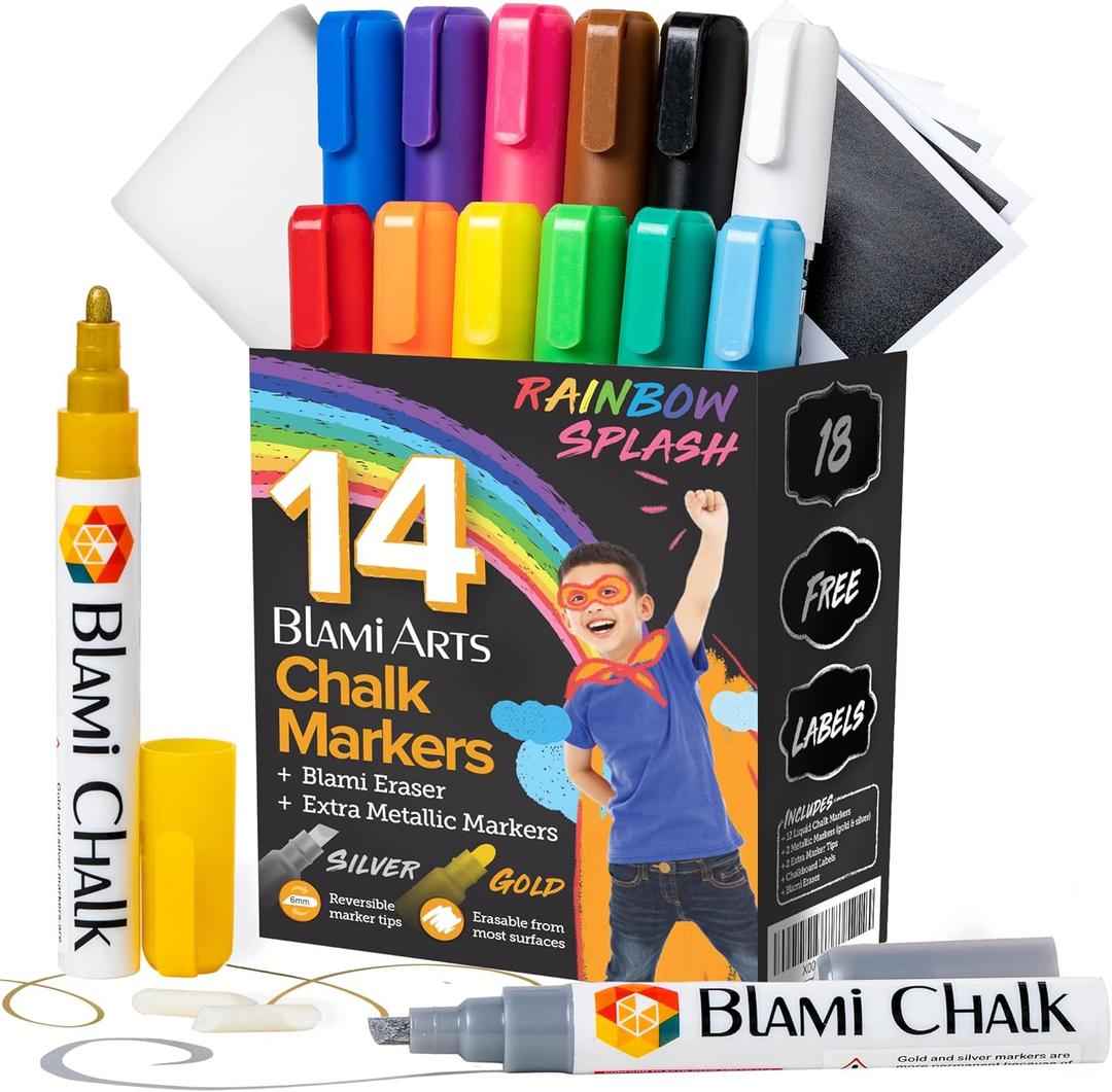 Liquid Chalk Markers Washable -14 Ink Pens & Extra Gold and Silver Colors - Chalkboard Labels Pack Included Non Toxic - Reversible Tips and Erasing Sponge included