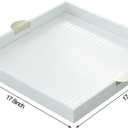 HofferRuffer Faux Leather Decorative Serving Tray, Elegant Coffee Table Ottoman Tray, Breakfast, Drinks, Liquor Serving Platter, White Croco Finish with Gold Hardware Handle (Square)