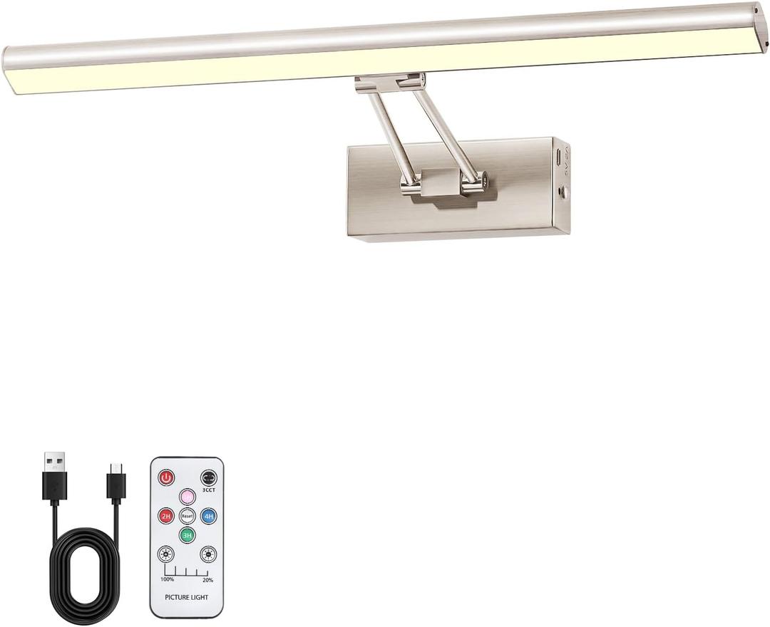 Picture Light, 16 inches Art Light, Picture Light Battery Operated,3CCT Picture Lights for Wall,Battery Operated Wall Lights,Gallery Light for Wall,Photo,Library (Satin Nickel)