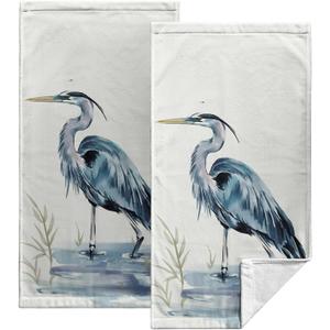 Blue Heron Coastal Hand Towels Set of 2 Summer Nautical Ocean Beach Themed Kitchen Towels Sea Bird Pelican Dish Towel Soft Absorbent Guest Fingertip Cotton Bath Towel for Bathroom Kitchen Decor