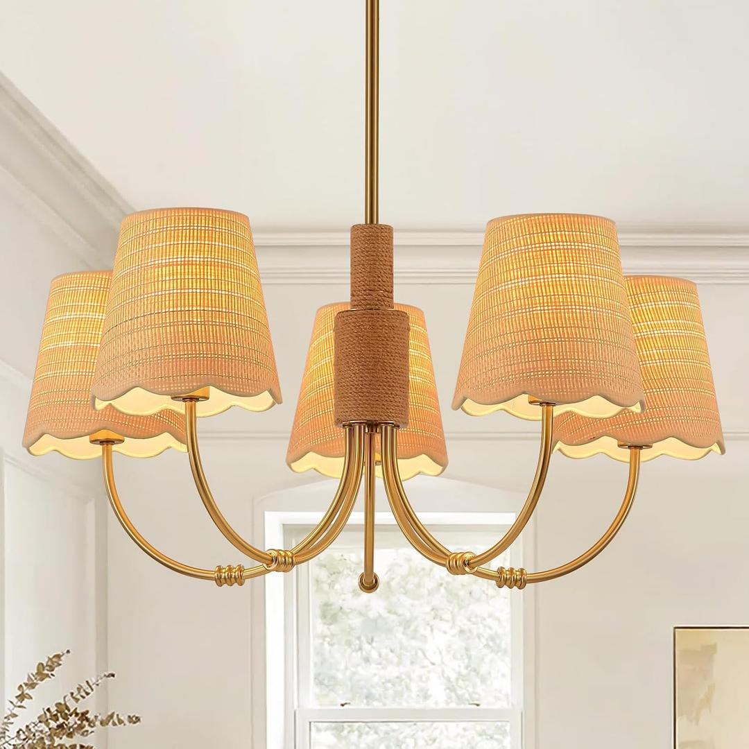 Boho Rattan Chandelier with Fabric Shade, Antique Gold Brass Farmhouse Chandeliers, 5-Lights Coastal Gold Pendant Light Fixtures for Dining Room Kitchen Island Living Room Hemp Rope