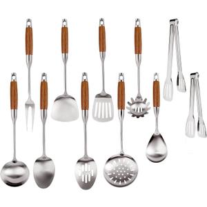 304 Stainless Steel Kitchen Utensils Set with Wooden Handle, 11 Pcs Long Heat Resistant Metal Cooking Utensils Set, Stainless Steel Cooking Utensils Set with Spatula, Turner, Solid and Slotted Spoon