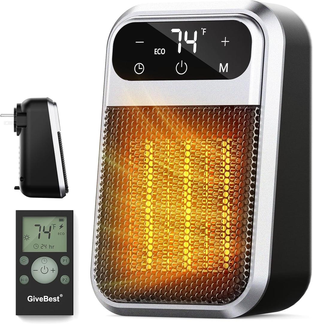 Givebest Cyber 800W Plug in Heater with ECO Mode Save Energy - Portable Outlet Space Heater, Small Electric Wall Heaters for Indoor Use with Adjustable Thermostat and 12H Timer for Bathroom Home