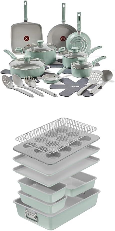 T-fal Refresh Ceramic Nonstick Mint Green 20 Piece Cookware Set + 8 Piece Bakeware set