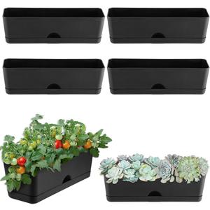 6 Pack Rectangle Planter 16x4.4 Inch Window Boxes Planters Rectangular Large Window Sill Planters Indoor Self Watering Plant Pots with Drainage Holes and Saucers Succulent Herb Flower Pots, Black