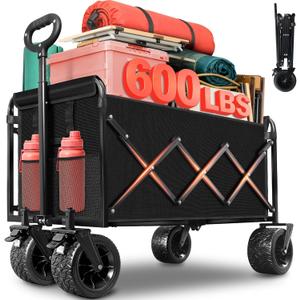Collapsible Wagon Cart with All-Terrain Wheels - Folding Utility 600LBS Heavy Duty Wagons Carts for Grocery Sports Garden Shopping Camping Fishing (Black, 220L)