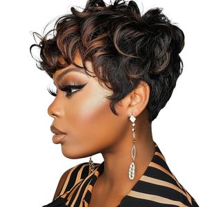 DOcute Pixie Cut Wigs Black And Brown Ombre Wig Linen Short Curly Wigs With Bangs Short Brown Wig Ombre Pixie Cut Wigs For Black Women(Black Mixed Brown)