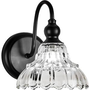 Modern Black Wall Sconce Mini Wall Light Made of Metal Body and Pressed Patterned Glass Retro Vanity Light for Bedroom, Bathroom, Doorway, Farmhouse
