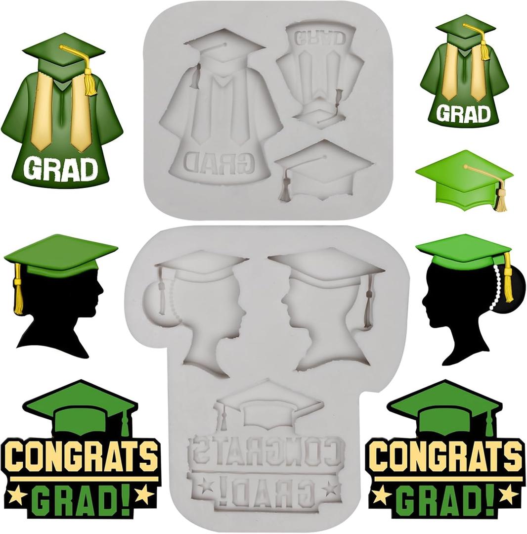 Graduation Silicone Mold, Cap and Gown Theme Fondant Mold Graduation Cake Decorating Mold for DIY Fondant Clay Craft