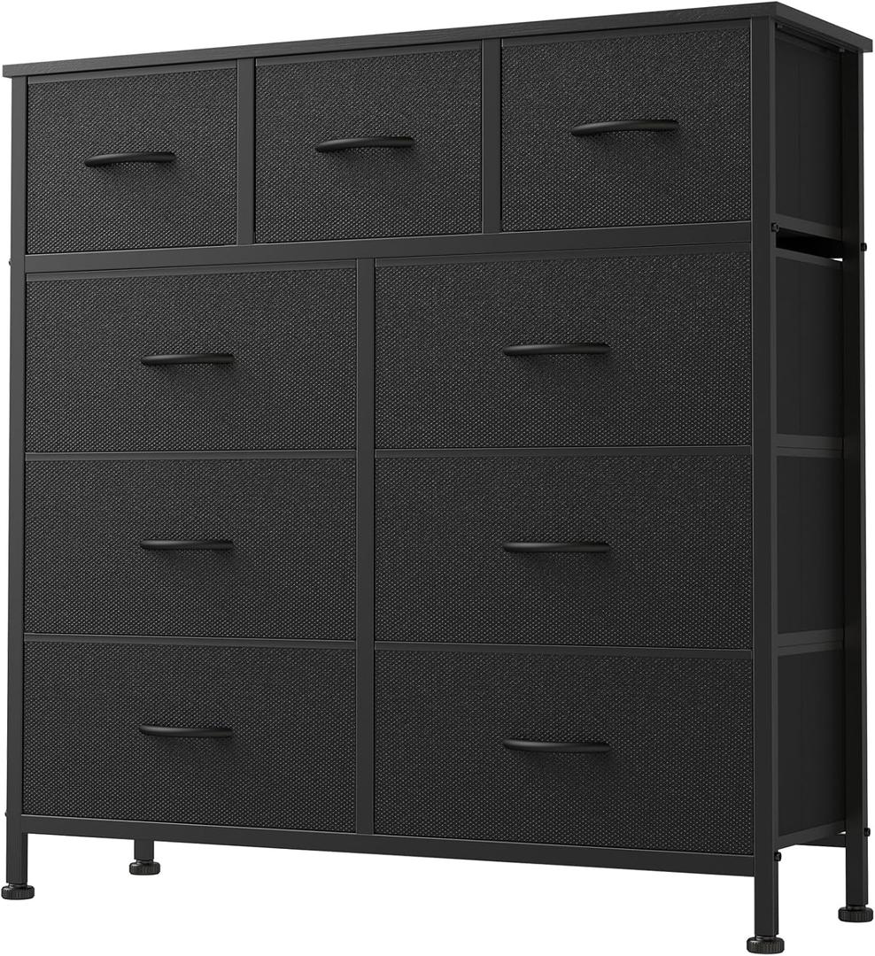 DUMOS 9 Drawer Dresser for Bedroom, Fabric Storage Organizer with Sturdy Metal Frame, Wooden Top Chest of Drawers for Closet Entryway Guest Room,Matte Black