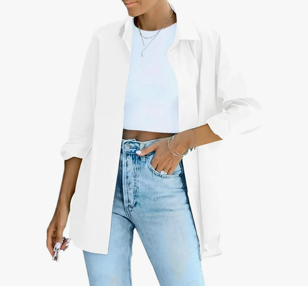 Woman Solid Casual Loose Shirt Long Sleeve Cotton Blouse Button Up Office Lady Tops, Size XL