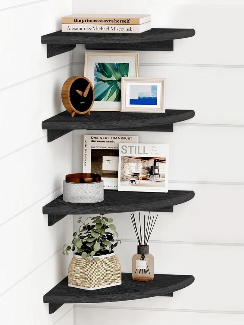 Forbena Black Corner Floating Shelves for Wall Set of 4, Small Rounded Corner Shelves Wall Mount for Bedroom Books, Mini Wood Hanging Corner Shelf for Bathroom Decor, Living Room, Small Spaces (10" Depth)