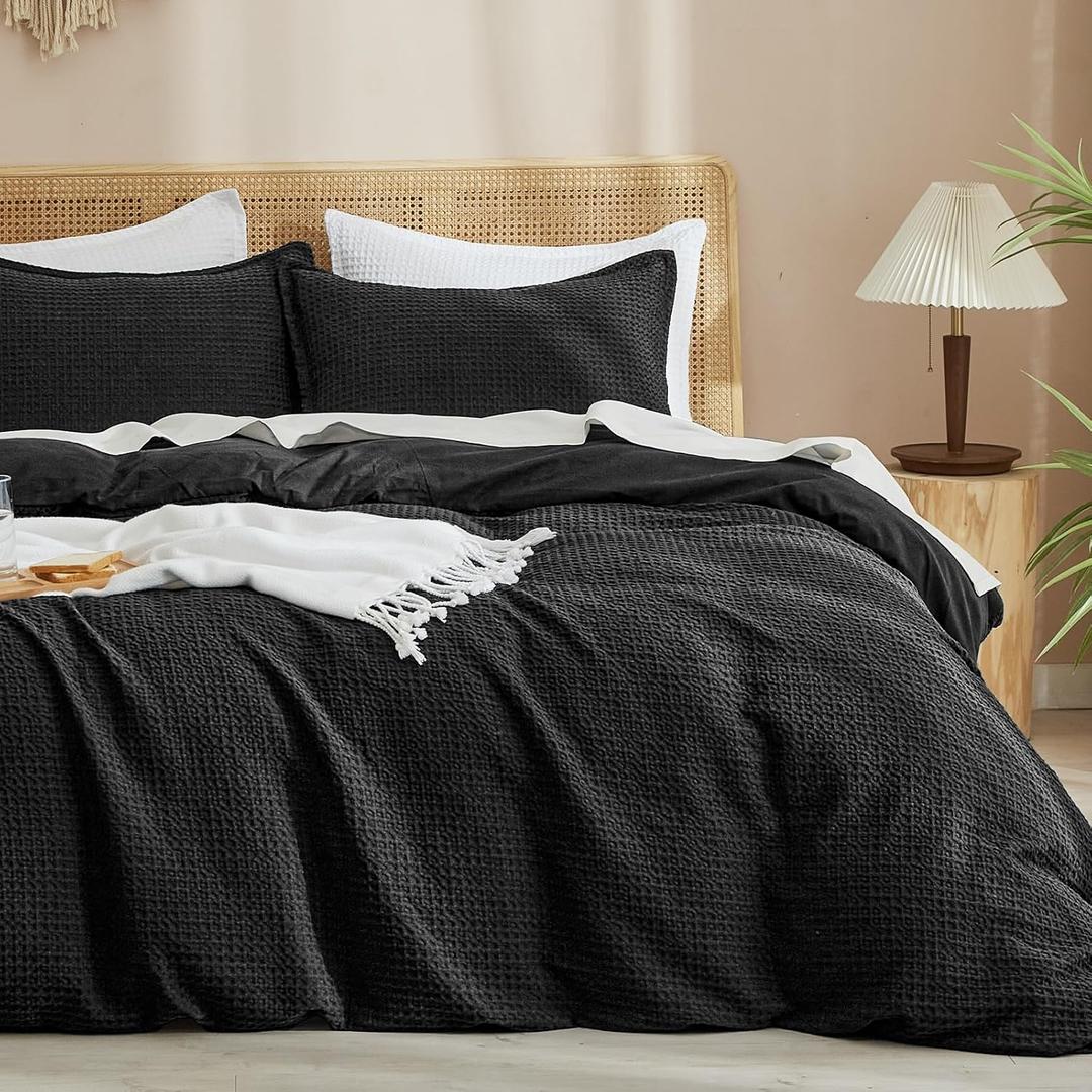 PHF Waffle Weave Duvet Cover Set California King, No Snagging Ultra Soft Luxury Textured Breathable Comforter Cover for All Season 3pcs, Durable Bedding Duvet Set with 2 Pillow Shams, 104"x98", Black