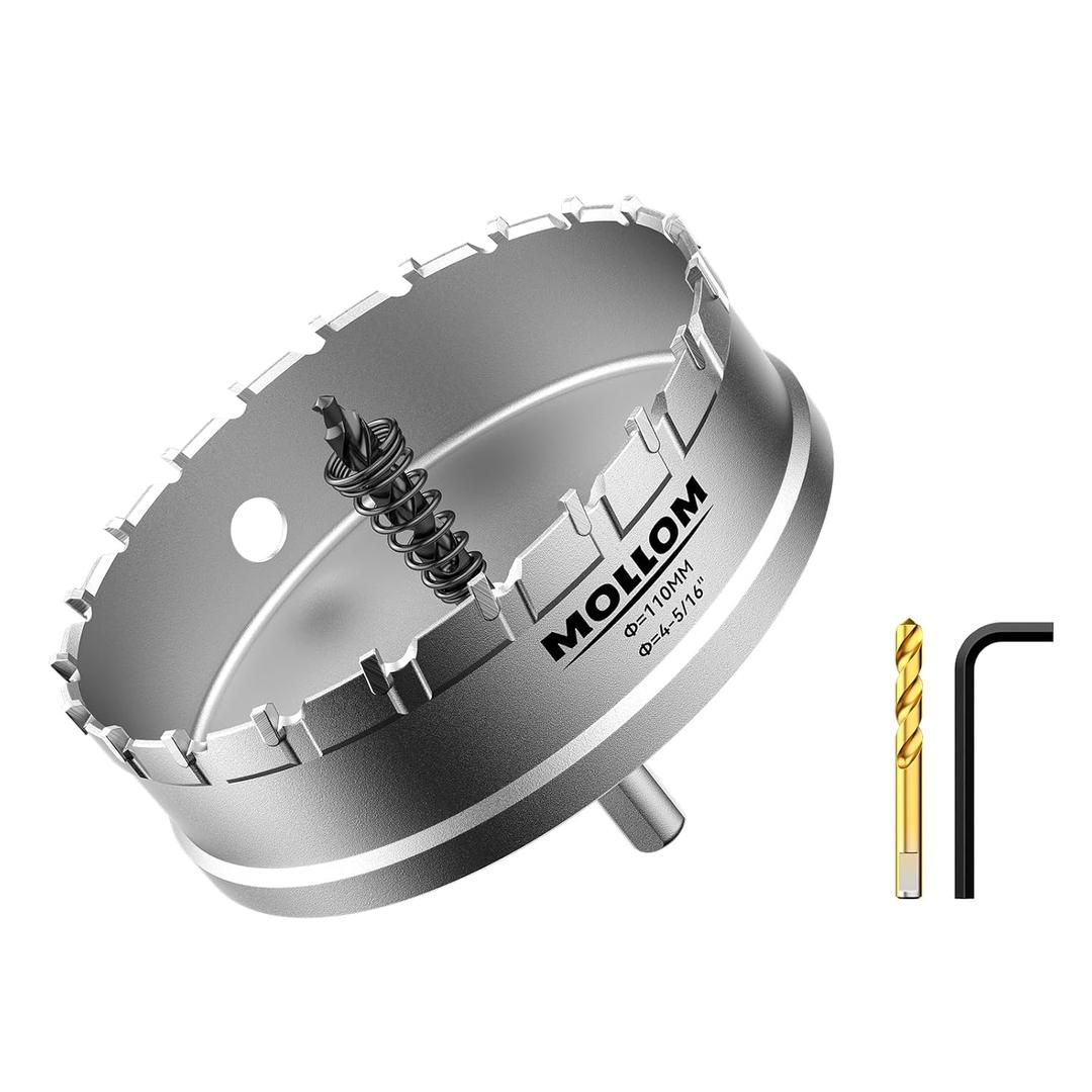 Mollom (4-5/16''|110mm) Heavy Duty Carbide Hole Saw with 2 Pilot Drill Bits, Hole Cutter cuts Stainless Steel, mild Steel, Iron, Copper, Brass, Plastic