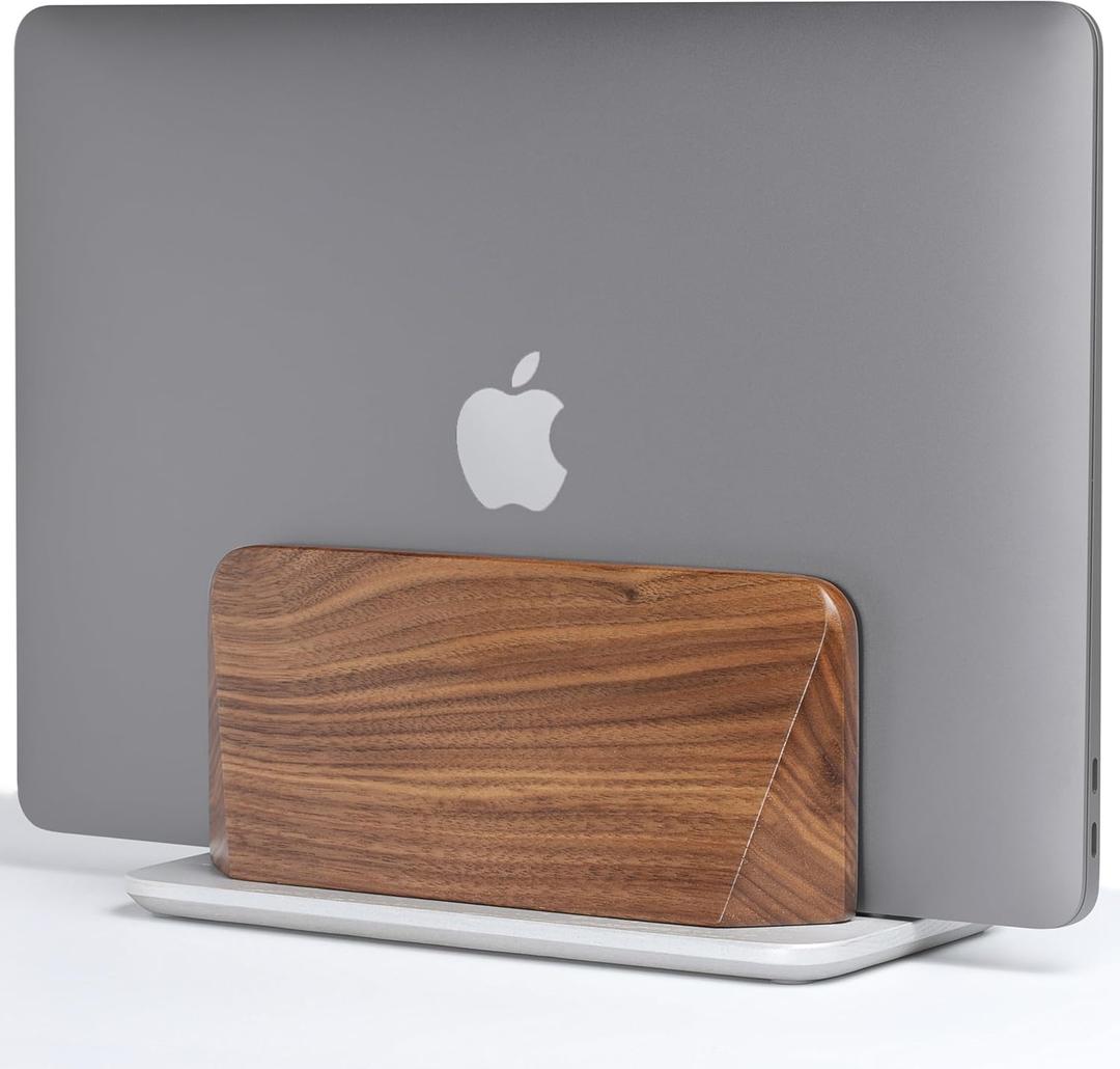 Vertical Laptop Stand, Solid Black Walnut Body & Silver-Finished Ash Wood Base, Wood Laptop Holder Vertical for Desk - Adjustable Dock (0.47"-1.57" Width) Fits Most Laptops, MacBooks