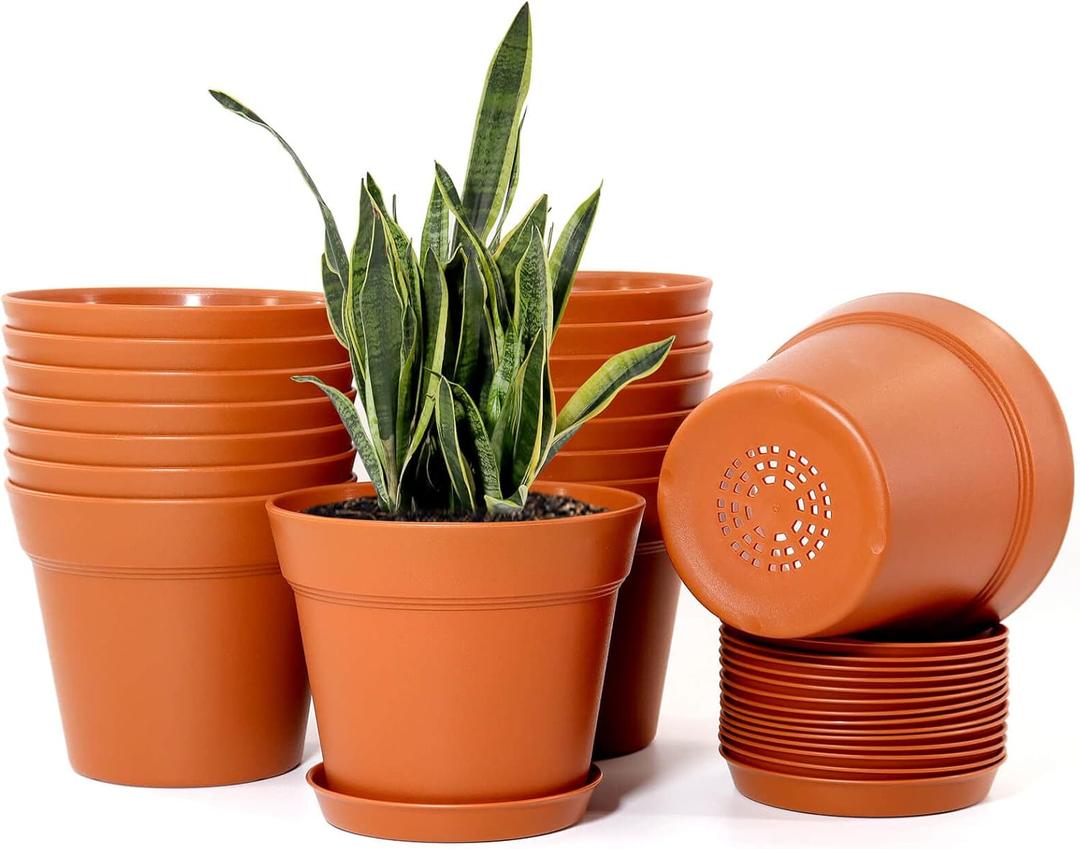 WOUSIWER 6 inch Plastic Planters, Plastic Indoor Planter Flower Pots, Heavy Duty and Stylish 6 Inch Plant Pots for Indoor Plants with Drainage Holes and Tray for Plants, Flowers, Terracotta