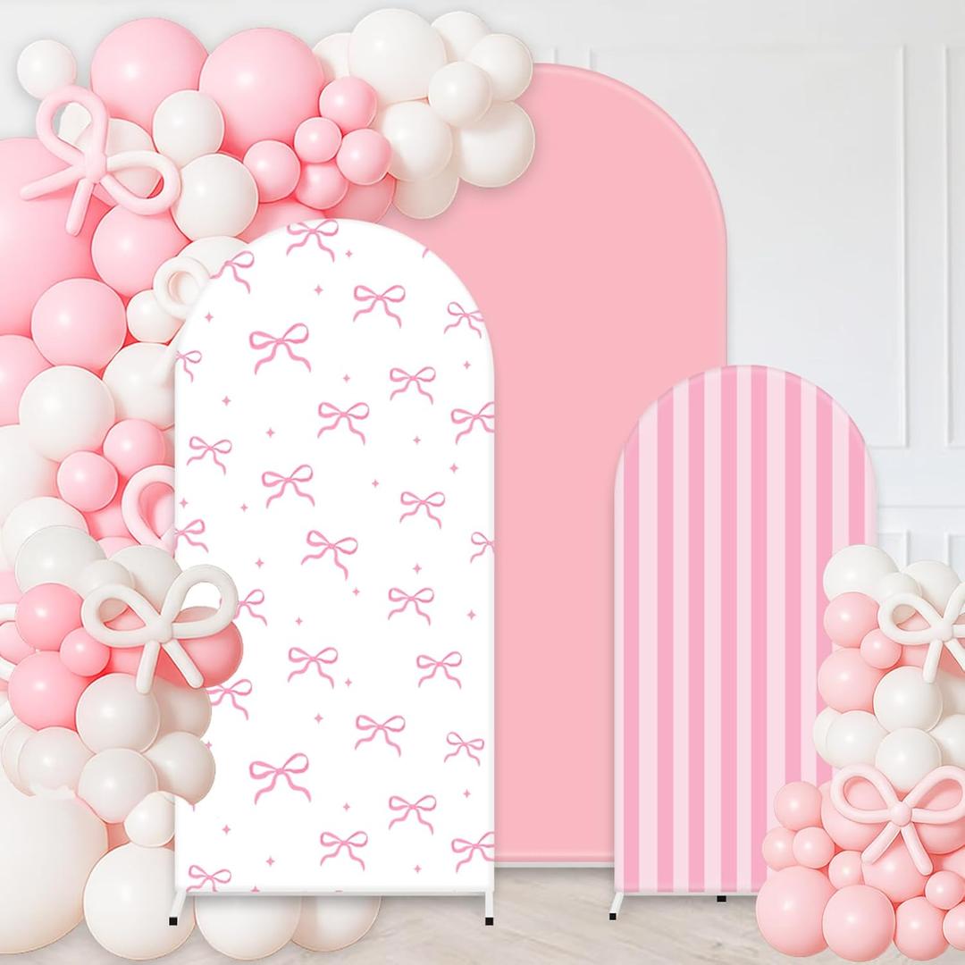 3Pcs Pink Bow Arch Cover Pink White Bowknot Stripe Backdrop Photography Background for Photo Booth Props(4ft/5ft/6ft)