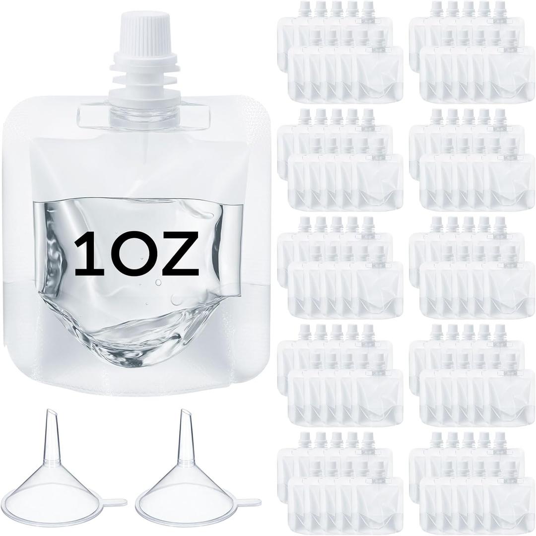 100 Pcs Plastic Pouches Bulk Clear Juice Bags Squeeze Pouches Plastic Leak Proof Bags with Funnel for Party Favors (1 oz)