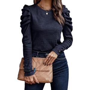 HANDAFA Puffy Long Sleeve Shirt Top for Women Solid Crewneck Blouse Shirt Slim Dressy Shirt(Navy,M)