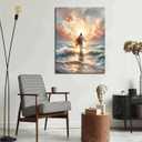 Jesus Walking on Water Canvas Wall Art Christian God Wall Decor Sacred God Walking on Ocean Beach Painting Pictures Religious Posters Prints for Living Room Bedroom Church Home Decorations Framed
