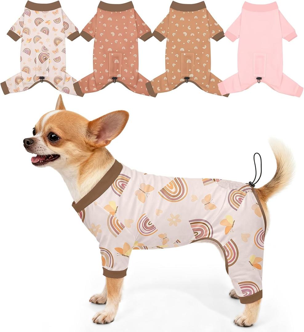 Bienbee Dog Pajamas, 4 Pack Dog Recovery Suit Shedding Suit Cute Soft Puppy Clothes Dogs Pjs Onesies Jammies Adjustable Breathable & Stretchy Clothes for Small Medium Large Dogs Girl Boy Puppy-S