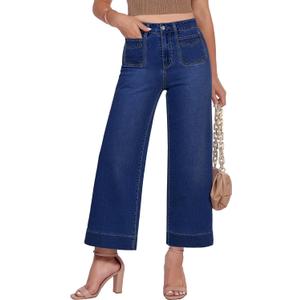 GRAPENT Cute Jeans for Women Denim Outfit Womens Short Length Patch Pocket Plus Size High Rise Wide Leg Cropped Jeans, Darkness Blue, XL, US Size 16 to 18