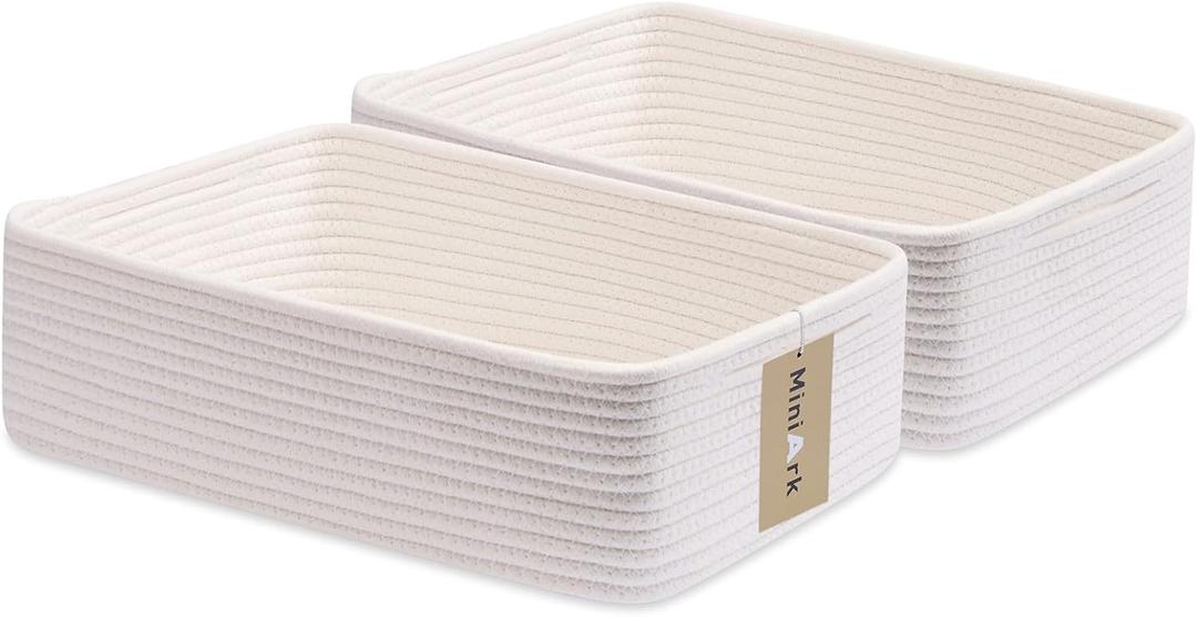 MiniArk Large Shallow Organizing Baskets 15x11x5.1 Inches - Rope Woven Storage Bins for Bathroom, Shelves, Cube Closet, Off White 2 Packs