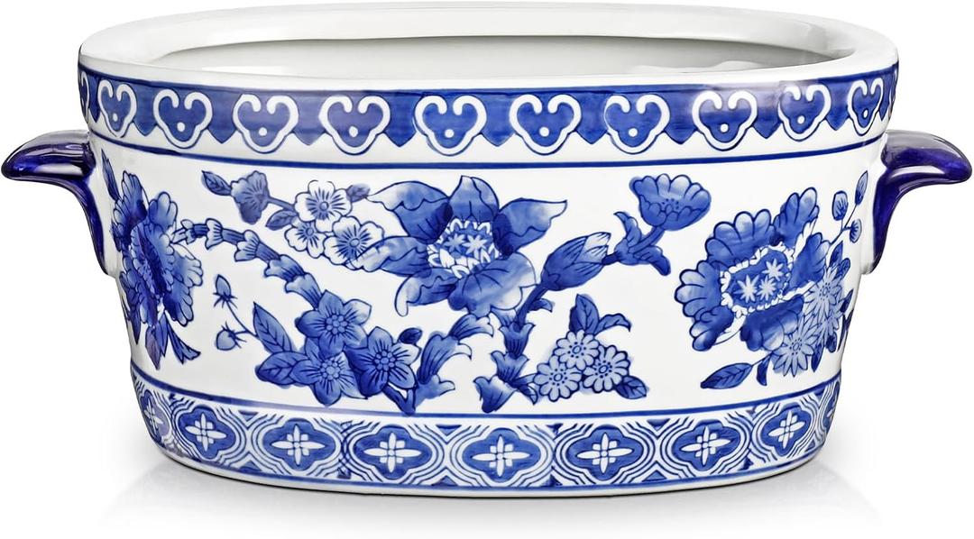 Blue and White Ceramic Planter Pot Vintage Floral Oval Cachepot Vase for Indoor Plants, Flowers & Succulents Glazed Chinese Porcelain Style Decorative Bowl 10.6" Size No Drainage