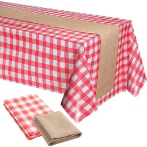 Chumia 2 Pcs Red Gingham Tablecloth Western Cowboy Party Decorations Red and White Checkered Tablecloth Linen Table Runner Disposable Table Cover for Farm Picnic Rodeo Baby Shower Birthday Party Decor