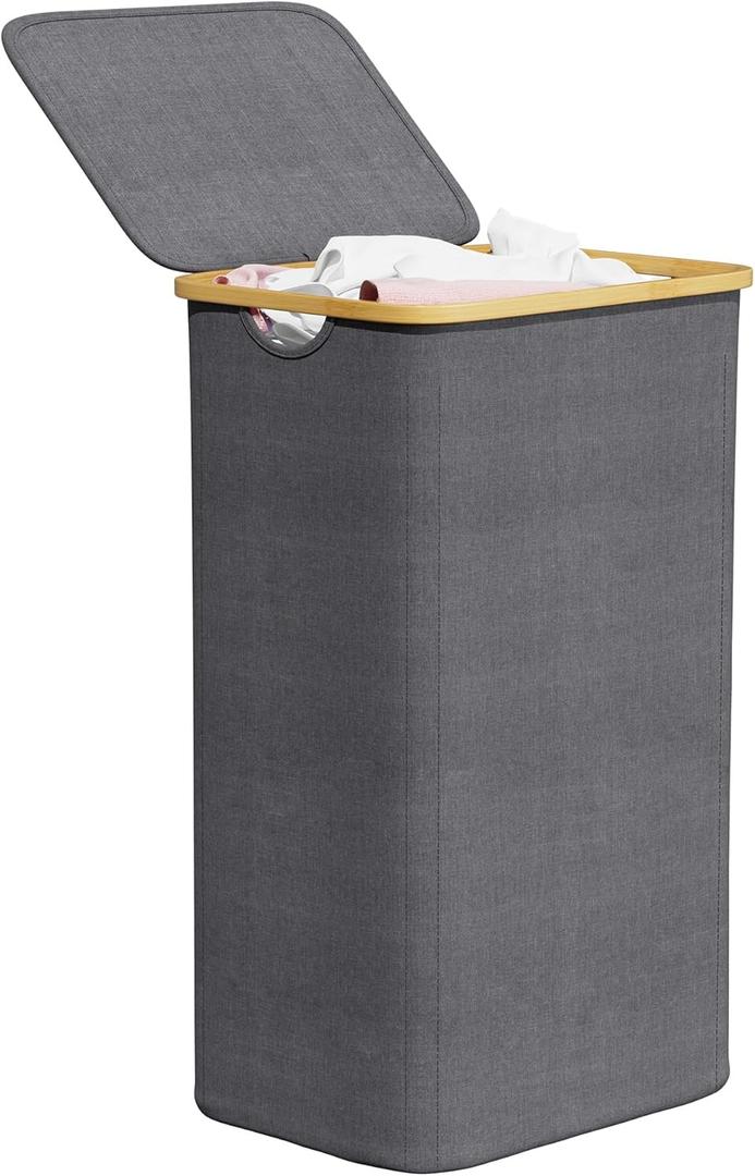 SpaceAid Laundry Hamper with Lid, 110L Large Tall Clothes Basket Bin with Bamboo Handles, Collapsible Laundry Hamper for Bedroom, Bathroom, Dorm, Laundry Room - Grey
