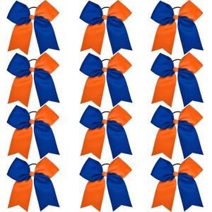 12 Pcs Large Cheer Bows 8" Bulk Hair Bow Accessories with Ponytail Holder for Girls High School College Cheerleading (Orange/Blue(12pcs))