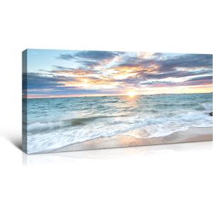 Large Landscape Canvas Wall Art Beach Sunset Ocean Waves Nature Picture on Canvas Blue Sky Beach Artwork Prints Ready to Hang for Living Room Bedroom Size 48"x24"