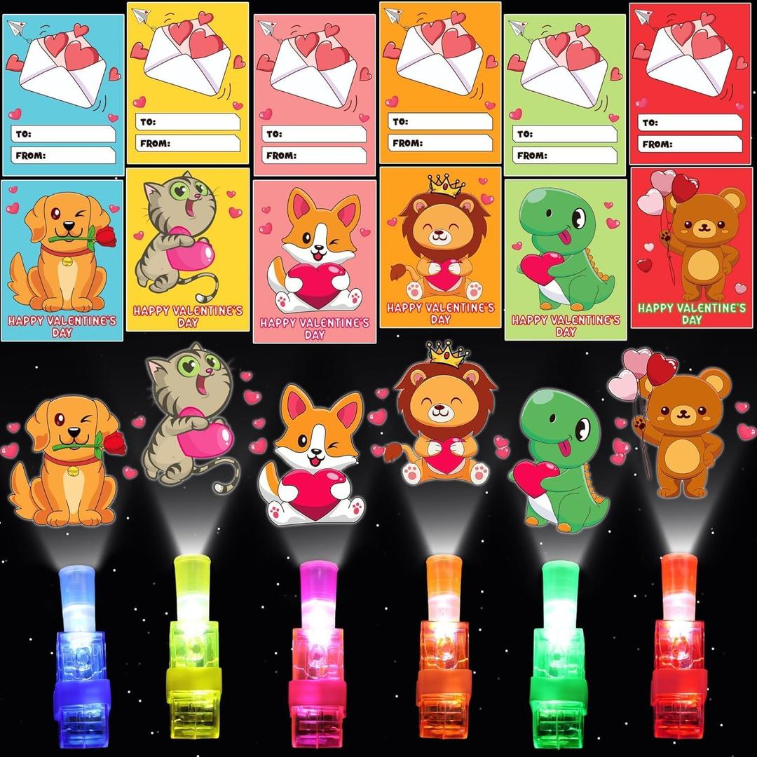 30 Pack Valentines Day Gifts for Kids Classroom Animal Finger Lights Toys with Valentine Day Cards for Kids School, Valentines for Class Exchange Cards Gifts Prizes Party Favors for Boys Girls