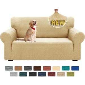 XINEAGE 2025 New 1 Piece Couch Covers for 2 Cushion (55"-69") Stretch Loveseat Sofa Cover Slipcover Jacquard Universal Furniture Protector with Elastic Bottom for Kids,Dog (Loveseat, Beige) (Medium (55"-69"))
