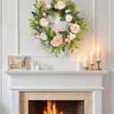 Spring Door Wreath for Front Door with Hook 20-22, Artificial Spring Door Wreath with White & Pink Peony Lavender Rabbit Wood Sign, Summer Wreaths for Windows Wall Romantic Home Dco