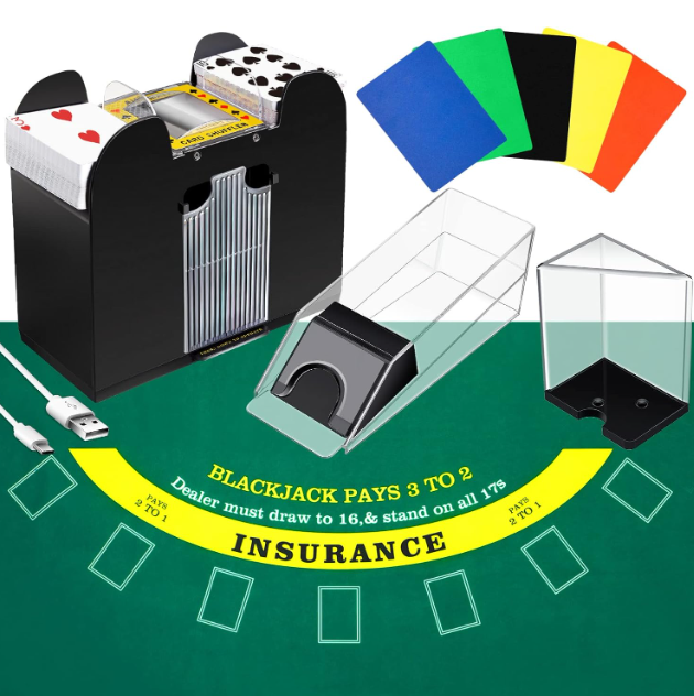 Aoriher Blackjack Game Combo Set, Include Blackjack Layout Felt,Shoe 6 Deck Automatic Card Shuffler Discard Holder Trays and 10 Cut Cards for Casino, Party Night(Green)