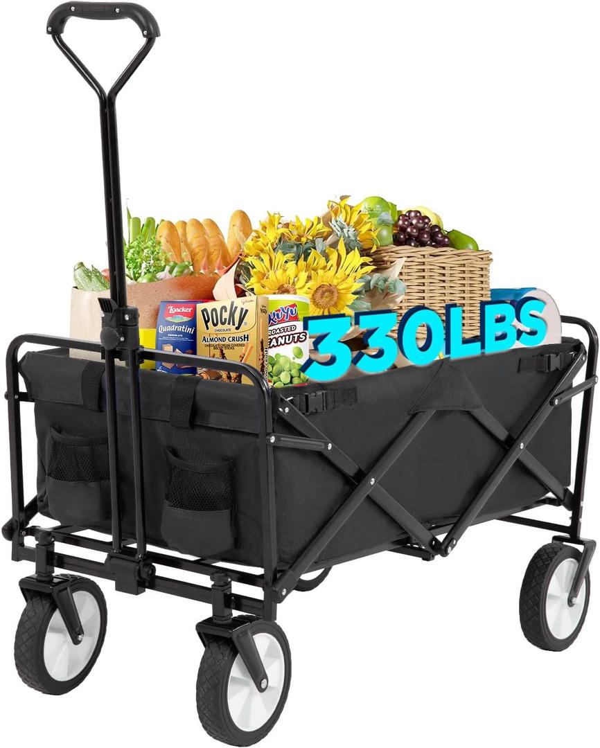 FDW 39''L Collapsible Wagon Cart, Heavy Duty Utility Folding Wagon for Outdoor Sports, 330 LBS Weight Capacity, Camping, Garden, and Shopping, Black