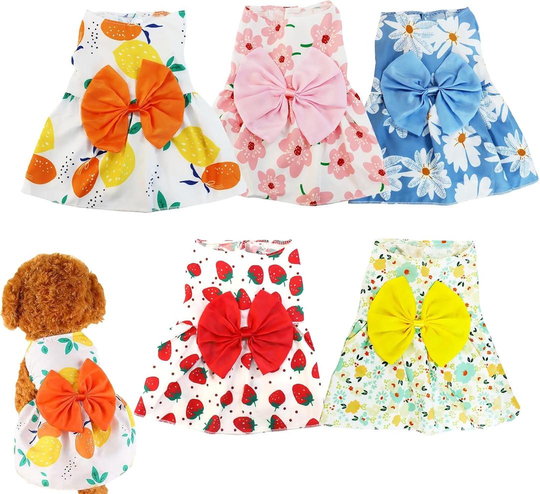 5 Pcs Dog Dresses Floral Puppy Cat Pet Dresses Dog Bowknot Dresses for Small Dogs Girls Puppy Summer Floral Skirts Outfits Cute Princess Pet Dress for Female Yorkie Cats Dogs Pets