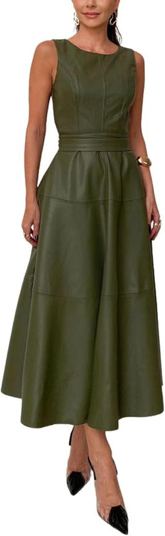 CHARTOU Women PU Faux Leather Sleeveless Elegant Flowy Long Dress Party Night Out Dress with Belt (Large, Green)