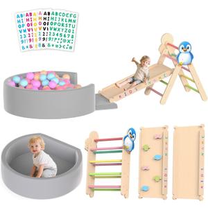 Pikler Triangle Climbing Set with Foldable Ball Pit, Ramp and DIY Stickers