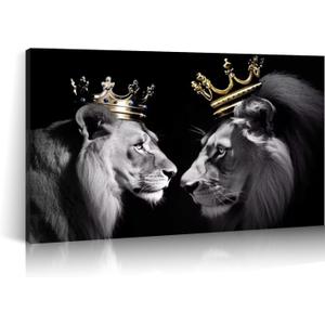 Lion Picture Wall Decor Canvas Wall Art Black and White Animal Poster Lion King and Queen Painting Prints Modern Artwork for Living Room Bedroom Home Office Decor Framed(Lion-2,16.00"x24.00")