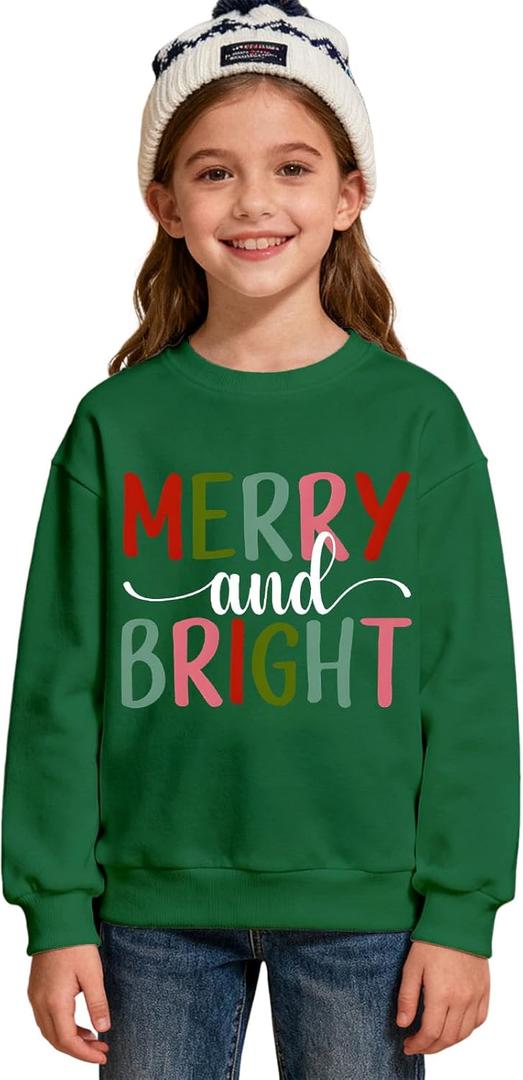 Kids Merry and Bright Christmas Sweatshirts Boys Girls Retro Xmas Shirts Long Sleeve Pullover Holidays Tops Clothes (7-8 Years, Green)