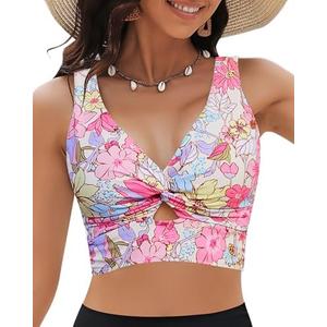 GRAPENT Bikini Tops for Women Cropped Tankini Tops Floral Printed Beach Padded Knot Twist Cut Out Bathing Suit Top Only, Color: Purple Floral, Small
