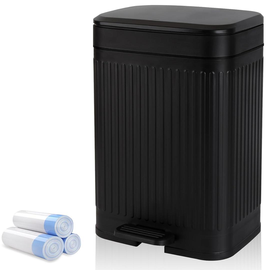 rejomiik Small Bathroom Trash Can with Lid 2.1 Gallon Soft Close Step Slim Garbage Can Waste Bin for Office, Bedroom, Kitchen, Black