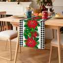 OTOSTAR Black and White Buffalo Check Plaid Holly Christmas Flowers Table Runner, Xmas Seasonal Winter Holiday Kitchen Dining Table Decoration for Home Party Decor 13x108 Inch