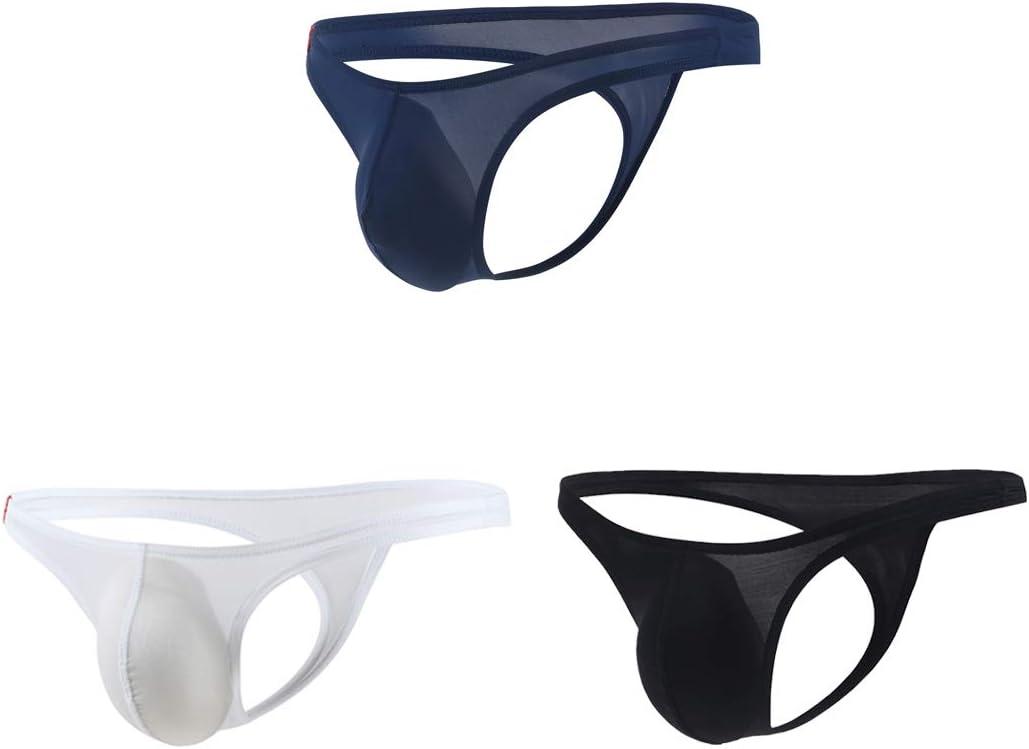 Mens Sexy T-Back Thongs Low Rise Underwear Bulge Pouch Ice Silk Briefs (Medium, 3 Pack: Black, White, Navy Blue)
