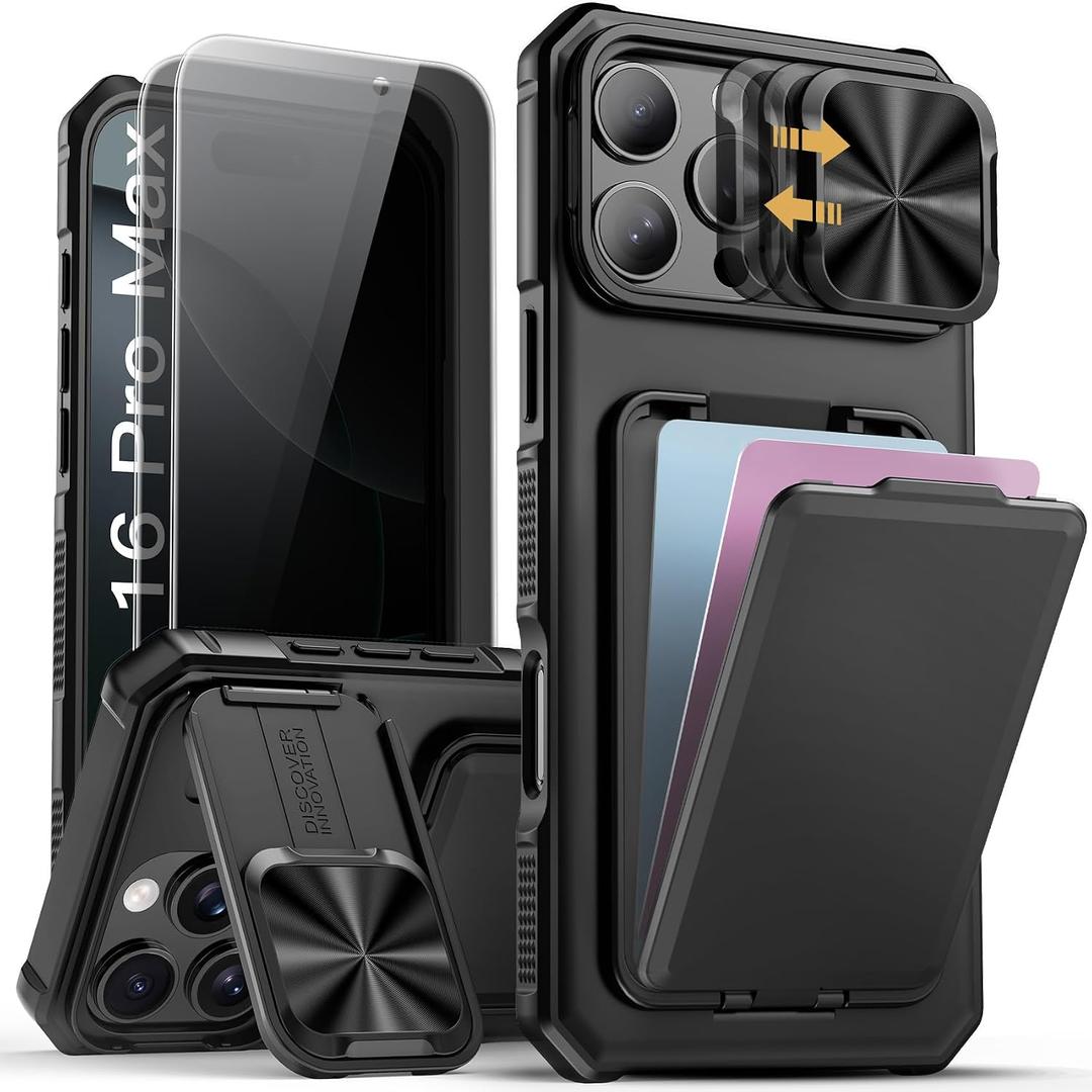 SSLOTSCASE for iPhone 16 Pro Max Case with 2X Privacy Screen Protector, Card Holder & Sliding Lens Cover & Kickstand, Military-Grade Heavy Duty Phone Case Cover for iPhone 16 Pro Max 6.9'', Black
