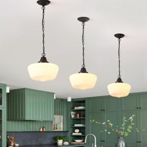 Schoolhouse Pendant Fixture, 12 Inch Black Finish with Milk Glass Adjustable Mid Century Ceiling Pendant Lighting, Pendant Light Fixtures for Kitchen Hallway Entrywa Dining Room (Type A Pendant Light)