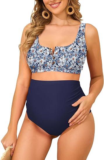 Zando High Waist Maternity Swimsuit Two Piece Pregnancy Swimwear Bikini Bathing Suits for Women Maternity Swimsuits L, Daisy Blue